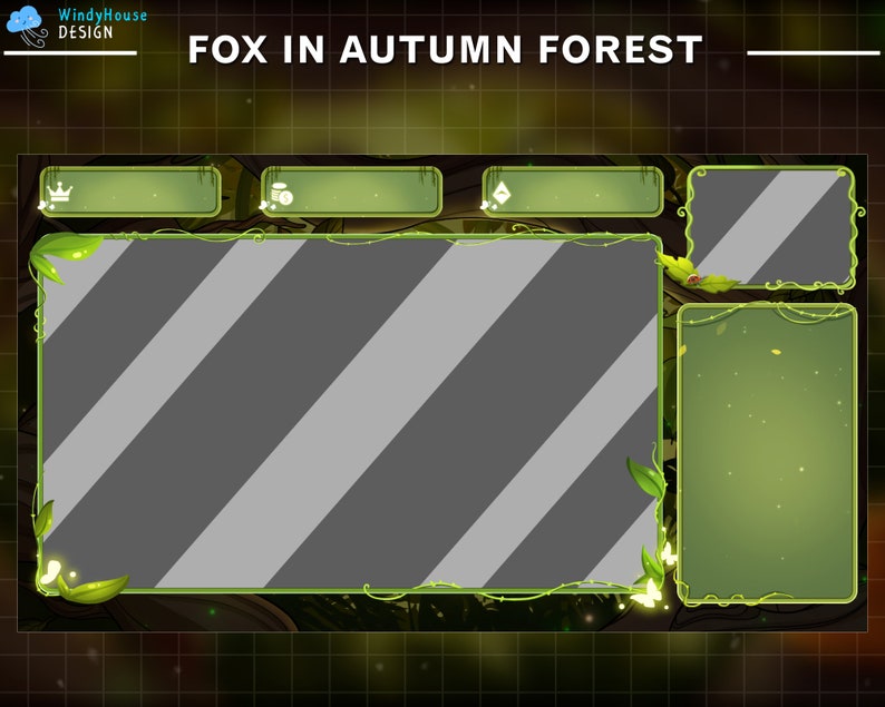 May include: A green and brown digital overlay with a gray background. The overlay has a title that reads "FOX IN AUTUMN FOREST". There are four rectangular frames with a green border and a leafy design. The frames are empty.