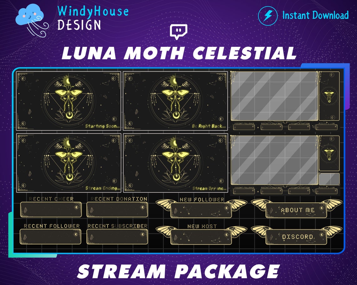 Animated Luna Moth Twitch Overlay Stream Package, Celestial Twitch ...