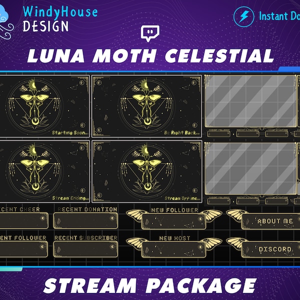 Paquete animado Luna Moth Twitch Overlay Stream, Celestial Twitch Overlay, Paquete Moon Twitch Stream para Streamer