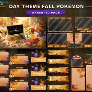 Animiertes Herbst Lofi Schreibtisch Strom Paket Tag Thema, Ästhetisches Herbst Twitch Overlay mit Evoli, Nachtara, Ahornblatt, Kürbis, Pilz, Kaffee