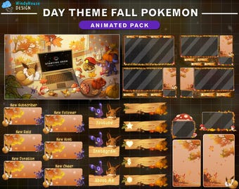 Op de afbeelding: Geanimeerde Twitch-stream overlays met een herfstthema met Pokémon-personages. De overlays zijn in verschillende vormen en maten, met een bruin, oranje en geel kleurenschema. De tekst "Day Theme Fall Pokemon Animated Pack" staat bovenaan de afbeelding.