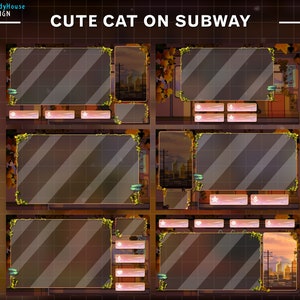 May include: A digital illustration of a subway carriage with a cute cat sitting in the window. The image is divided into nine sections, each with a different view of the subway carriage. The text "CUTE CAT ON SUBWAY" is at the top of the image.