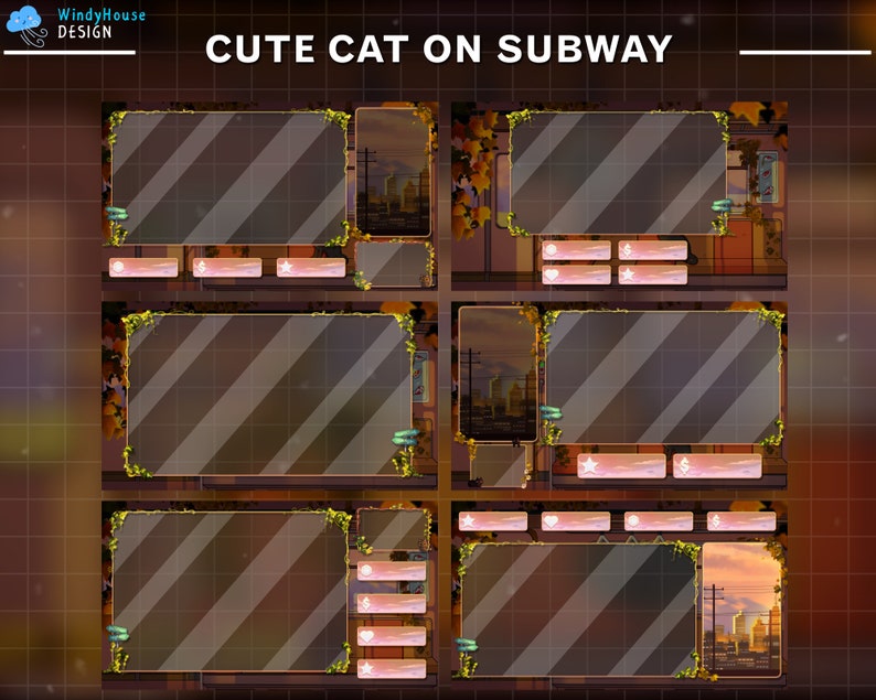 May include: A digital illustration of a subway carriage with a cute cat sitting in the window. The image is divided into nine sections, each with a different view of the subway carriage. The text "CUTE CAT ON SUBWAY" is at the top of the image.