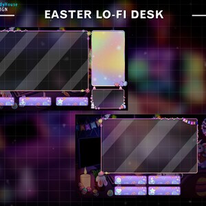 May include: A digital illustration of an Easter-themed desktop with a purple and pink color scheme. The desktop has a large monitor with a glass screen, a keyboard, a mouse, and a candle. There are Easter eggs, bunnies, and flowers scattered around the desktop. The text "EASTER LO-FI DESK" is at the top of the image.