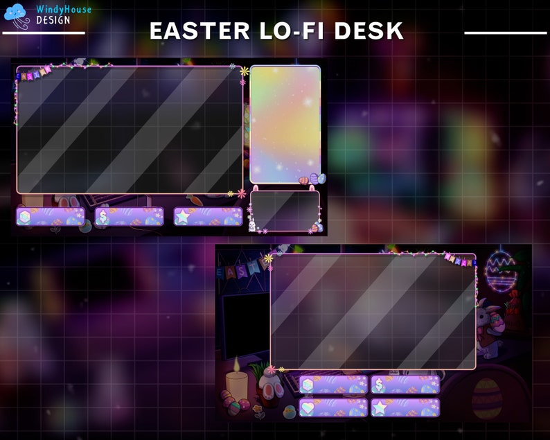 May include: A digital illustration of an Easter-themed desktop with a purple and pink color scheme. The desktop has a large monitor with a glass screen, a keyboard, a mouse, and a candle. There are Easter eggs, bunnies, and flowers scattered around the desktop. The text "EASTER LO-FI DESK" is at the top of the image.