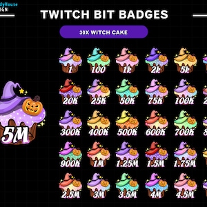 30x Witch Cake Twitch Bit Badges / Complete Twitch Bit Badges Set/ Twitch Tier Badges/ Number Bit Badges/ Witch Hat / Pumpkin / Ghost