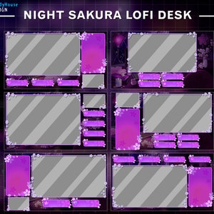 May include: Purple and white Twitch stream overlay with a night sakura theme. The overlay has a large centre area for a webcam, with smaller areas for chat, alerts, and other information. The overlay is decorated with cherry blossoms and a pink gradient.