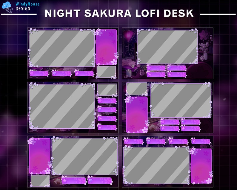 May include: Purple and white Twitch stream overlay with a night sakura theme. The overlay has a large centre area for a webcam, with smaller areas for chat, alerts, and other information. The overlay is decorated with cherry blossoms and a pink gradient.
