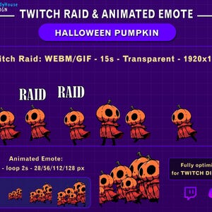 May include: Animated Halloween-themed Twitch emote set featuring a pumpkin character in orange and red. The design includes a Twitch raid animation and animated emotes, optimised for Twitch and Discord. The image includes the text "TWITCH RAID & ANIMATED EMOTE".
