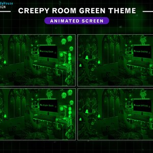 Op de afbeelding: Een geanimeerd schermopname met een groen thema van een griezelige kamer met een computerbureau, een stoel en diverse griezelige decoraties. De tekst op het computerscherm luidt "Starting Soon" en "Stream Ending".