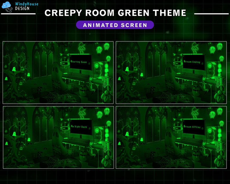 Op de afbeelding: Een geanimeerd schermopname met een groen thema van een griezelige kamer met een computerbureau, een stoel en diverse griezelige decoraties. De tekst op het computerscherm luidt "Starting Soon" en "Stream Ending".