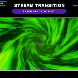 Puede incluir: Gráfico digital con el texto "STREAM TRANSITION" y "GREEN SPACE VORTEX." La imagen presenta un vórtice arremolinado de luz verde brillante sobre un fondo oscuro, con la palabra "green" sutilmente visible dentro del vórtice.