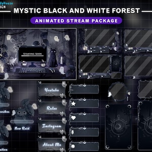 Pacote de fluxo de floresta mística animada em preto e branco, sobreposição de mesa de bruxa Twitch com gato preto, fantasma fofo, plantas brilhantes, bosques encantados