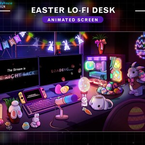 May include: A digital illustration of an Easter-themed desktop setup with a computer, a gaming console, a microphone, and a mug. The desktop is decorated with Easter eggs, bunny rabbits, and a string of lights. The computer screen displays the text "LOADING..." and the console screen displays the text "LOADING..." The text "The Stream is BE RIGHT BACK" is displayed on a monitor.
