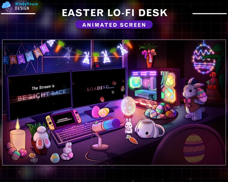 May include: A digital illustration of an Easter-themed desktop setup with a computer, a gaming console, a microphone, and a mug. The desktop is decorated with Easter eggs, bunny rabbits, and a string of lights. The computer screen displays the text "LOADING..." and the console screen displays the text "LOADING..." The text "The Stream is BE RIGHT BACK" is displayed on a monitor.