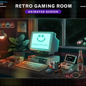 K&ouml;nnte beinhalten: Eine Illustration eines Retro-Gaming-Raums mit einem Computermonitor, der "Stream Offline" mit einem Smiley anzeigt. Der Raum enth&auml;lt einen Schreibtisch mit einer Tastatur, einer Lampe, einer Pflanze und verschiedenen Gaming-Accessoires, darunter eine Spielekonsole, Controller und eine Dose Limonade.