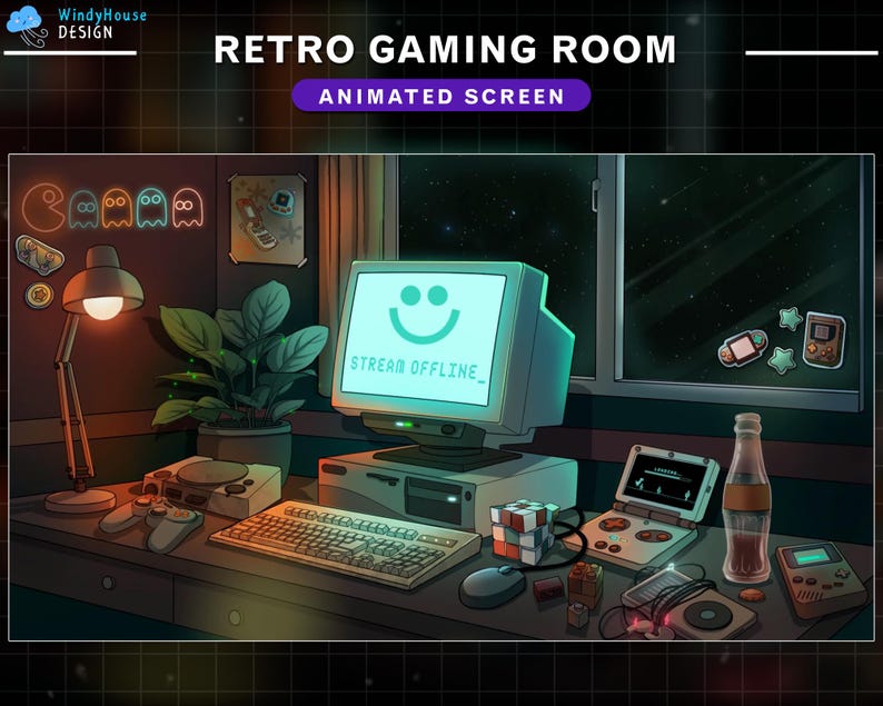 K&ouml;nnte beinhalten: Eine Illustration eines Retro-Gaming-Raums mit einem Computermonitor, der "Stream Offline" mit einem Smiley anzeigt. Der Raum enth&auml;lt einen Schreibtisch mit einer Tastatur, einer Lampe, einer Pflanze und verschiedenen Gaming-Accessoires, darunter eine Spielekonsole, Controller und eine Dose Limonade.