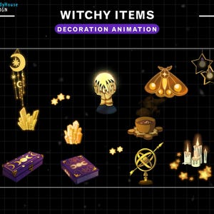 Animated Gold Witch Theme Stream Decoration, Goth Twitch Overlay, Tarrot Card, Crystal, Ghost, Skull, Candle, Poison...