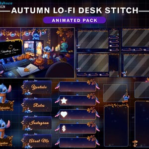 May include: An animated pack for streaming, featuring a cozy autumn theme. The design includes a desk scene with a computer, pumpkins, and Stitch characters. Additional elements include overlay panels with text like "Youtube" and "Rules."