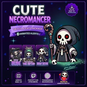 Peut inclure: Un pack d'alertes Twitch numérique intitulé CUTE NECROMANCER avec un personnage squelette de dessin animé en robe sombre tenant un bâton. L'ensemble comprend six alertes animées, des émoticônes animées bonus et du texte comme NEW SUB et NEW BITS.