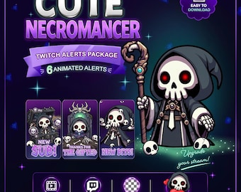 Animated Necromancer Stream Alerts Pack, Cute Grim Reaper Twitch Alerts Bundle with Raid Alert, Bonus Twitch Discord Kick Emotes (WEBM GIF)