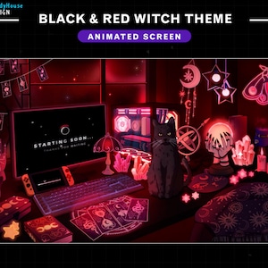 Animated Twitch Screens Black Cat Witch Desk, Goth Red Theme Twitch Overlay with Tarrot Card, PC Setup, Ghost, Skull, Candle, Poison...