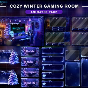 Animerat julmysigt vinterstreampaket, Twitch-överlägg för spelrum med öppen spis, snöflingor, snöfall och julgran