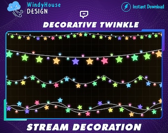 Puede incluir: Cuatro filas de luces de cadena animadas y coloridas con estrellas, perfectas para agregar un toque festivo a tu transmisión de Twitch. El texto "Decorative Twinkle" y "Stream Decoration" se muestra en la imagen.
