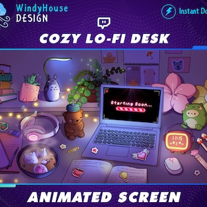 Superposición animada de Twitch Pantalla acogedora de transmisión de escritorio Lofi, superposición de transmisión de escritorio Lofi, fondo de tema nocturno para Streamer Vtuber