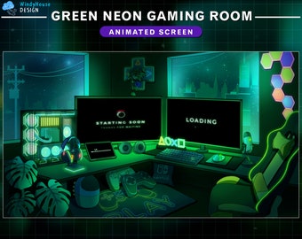 Animated Lo-fi Green Game Room Twitch Screens, Cozy PC Room  Stream Screens, Aesthetic Room with Night City Sky...