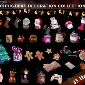 May include: A collection of 35 Christmas-themed digital illustrations, including a Christmas tree, ornaments, a snowman, a gingerbread man, a reindeer, a stocking, a snow globe, a mug of hot chocolate, a candy cane, a candle, a clock, a game controller, and a book. The illustrations are in a cartoon style and are perfect for use in digital projects.