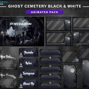 Animerat streampaket Kyrkogårdsspöke svartvitt, Halloween Twitch-överlägg, läskigt överlägg med grav, dödskalle, spöke, fladdermus...