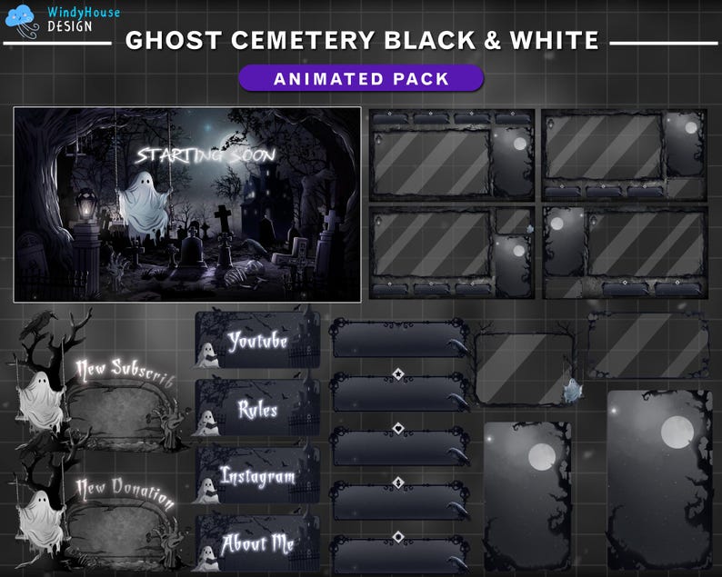 Ghost Stream Layout Animated Stream Package Cemetery Ghost Black White, Halloween Twitch ...