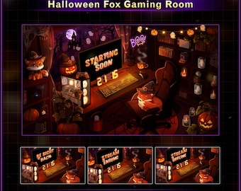 Animated Halloween Fox Gaming Room Stream Screens, Cute Fox Twitch Overlay with Ghost, Pumpkin, Spooky Stream Overlays for OBS, Streamlabs