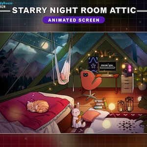 Animated Cozy Attic Bedroom Stream Screens with Cute Cat and Bunny, Starry Night Twitch Overlay