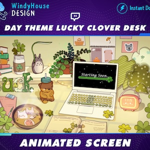 Cozy Twitch Overlay Stream Screen, Clover Lofi Desk Stream Overlay, Day Theme Overlay For Twitch