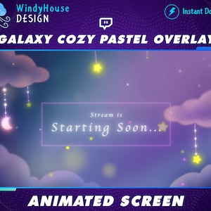 Purple Cozy Pastel Twitch Overlay Stream Screen, Moon Twitch Overlay, Twitch Overlay Lofi For Streamer