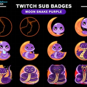Op de afbeelding: Een verzameling Twitch sub-badges met paarse cartoon slangen en manen. De badges bevatten verschillende slangontwerpen, sommige met schattige uitdrukkingen, tegen oranje en zwarte achtergronden. De tekst bovenaan luidt "Twitch Sub Badges" en "Moon Snake Purple".
