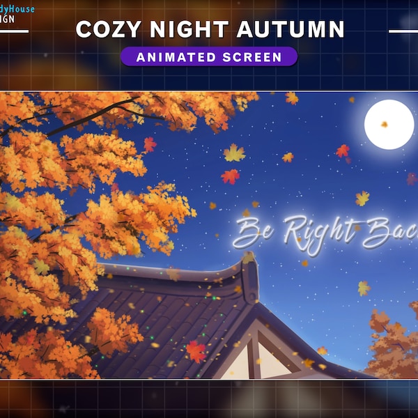 Animated Stream Screens Autumn Cozy Night, Fall Twitch Screens with Maple, Leaves Falling, Moon, Torii Gate, Japanese Twitch Layout