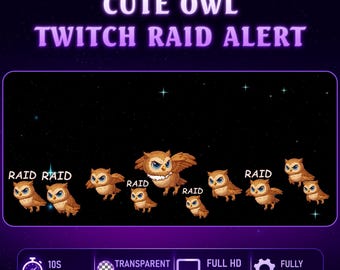 Animated Cute Owl Raid Twitch Alert, Owl Stream Alert, Bonus Twitch Discord Emotes for Streamer, Vtuber (.WEBM, .GIF)