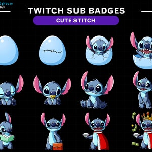 May include: A set of 12 Twitch sub badges featuring a cute blue alien character, Stitch, in various poses. The badges include Stitch hatching from an egg, holding a baby, wearing a crown, and reading a book. The badges are designed for use on Twitch.