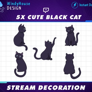 5x Animierte Black Cat Stream Dekoration, Kitty Cat Twitch, Süßes Cat Stream Add-on Kawaii Twitch Overlay...