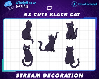 5x Animated Black Cat Stream Decoration, Kitty Cat Twitch, Cute Cat Stream Add-on Kawaii Twitch Overlay...