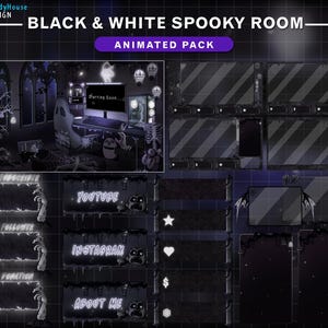 Animated Twitch Full Package Halloween Room Black White Theme, Creepy Room Stream Screens, Spooky Twitch Overlay with Zombie, Ghost, Skull