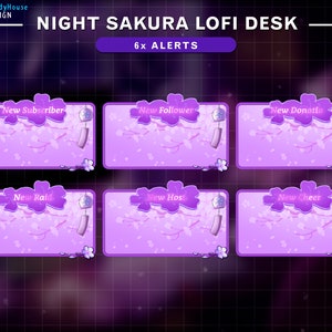 May include: Six purple and pink animated Twitch alerts with a sakura blossom theme. The alerts are for new subscribers, followers, donations, raids, hosts, and cheers.