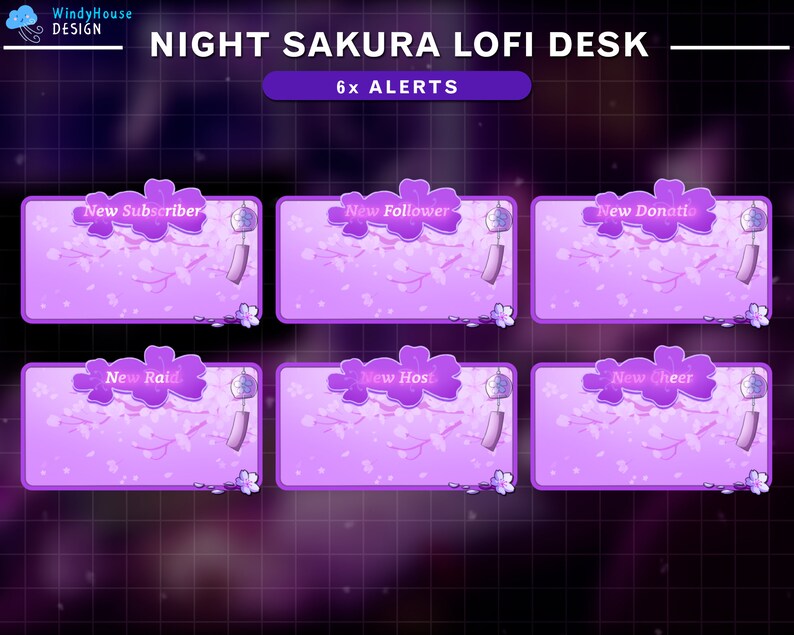 May include: Six purple and pink animated Twitch alerts with a sakura blossom theme. The alerts are for new subscribers, followers, donations, raids, hosts, and cheers.