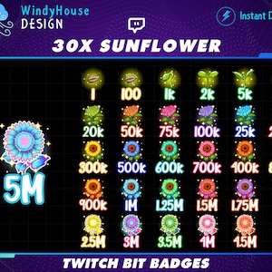 Set of 30 Colorful Sunflower Twitch Bit Badges, Kawaii Flower Sub Badges for Streamers, YouTubers & Discord