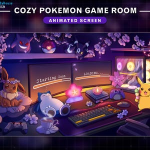 Puede incluir: Pantalla animada de una acogedora sala de juegos Pokémon. La escena incluye un escritorio con dos monitores que muestran "Starting Soon" y "Loading...". Se presentan adorables personajes Pokémon como Pikachu, Eevee y Snorlax, junto con un teclado, un ratón y otros accesorios de juego.