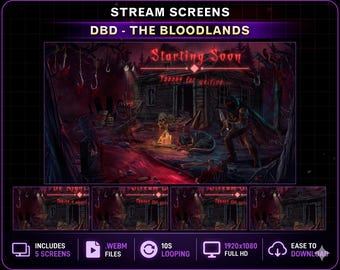 DBD Bloodlands Animated Stream Screens, Blood Hook Hunter Twitch Overlay for OBS, Kick, VTuber Stream Screens, Horror Twitch Red Theme