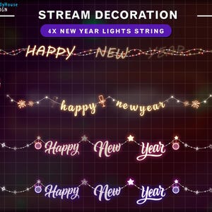 May include: Image features four strings of New Year's lights with the words "Happy New Year" in various styles. The top string forms a rectangle. Other strings have decorative elements like stars and disco balls. The background is a dark grid.